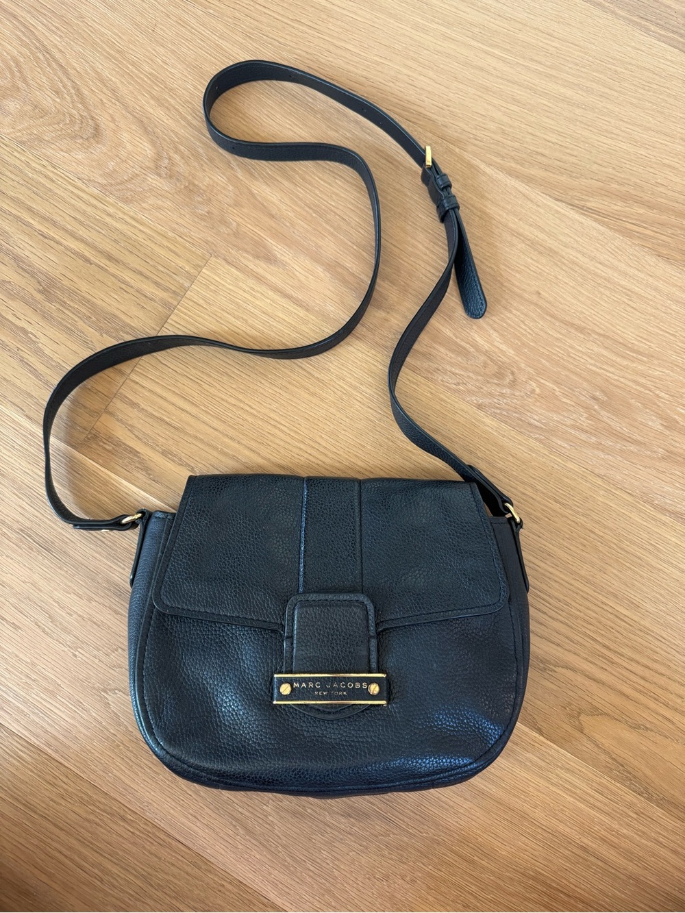 Marc Jacobs Black Pebbled Leather Saddle Crossbody with Gold Plaque